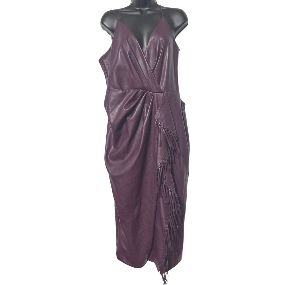SIMKHAI Jonathan Simkhai Plum Vegan Leather Faux Wrap Fringe Midi Dress Size 14